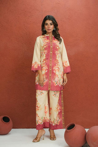 Warm beige with deep rose floral accents Co-ord Set