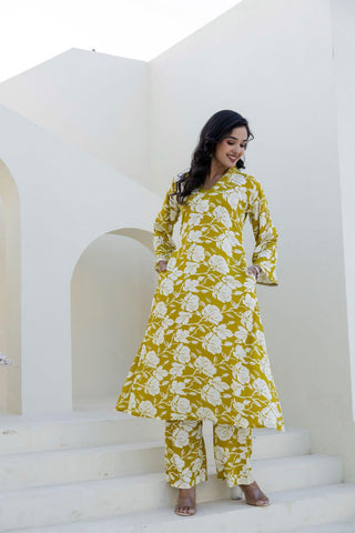 Summer Breeze Co-ord Set -Mustard with White Floral Print