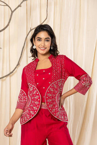 Grace Embroidered Co-ord Set - Red Color