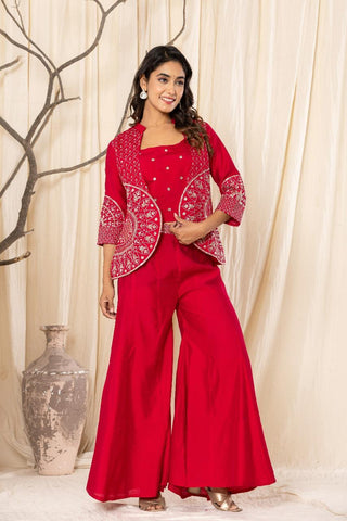 Grace Embroidered Co-ord Set - Red Color