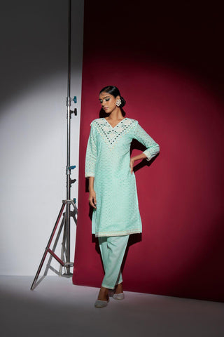 Mint Mirror Handwork Kurta Set