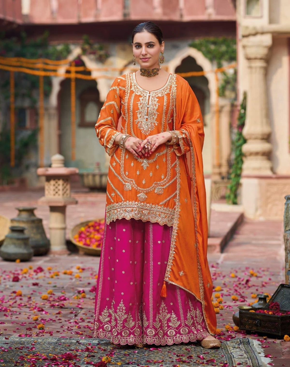The Royal Contrast Orange and Rani Pink Embroidered Suit