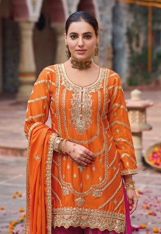 The Royal Contrast Orange and Rani Pink Embroidered Suit