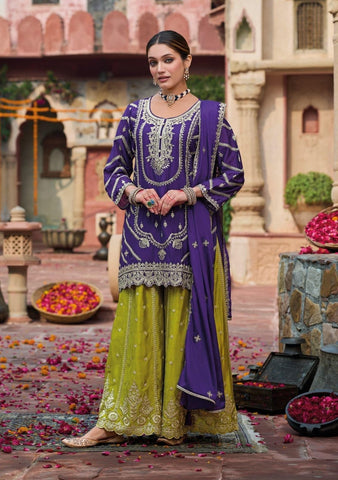 The Royal Contrast  Shahi Baingani and Chartreuse Green Embroidered Suit