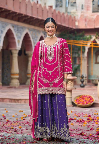 The Royal Contrast Magenta & Purple Embroidered Suit