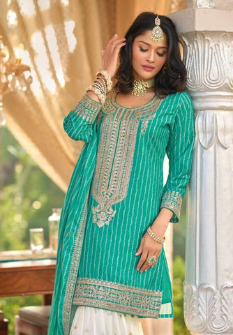 Noor Emerald Green & Ivory Embroidered Sharara Set