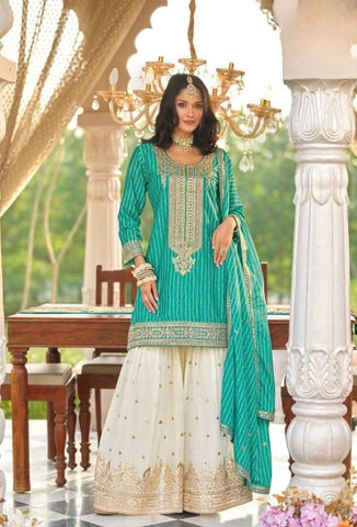 Noor Emerald Green & Ivory Embroidered Sharara Set