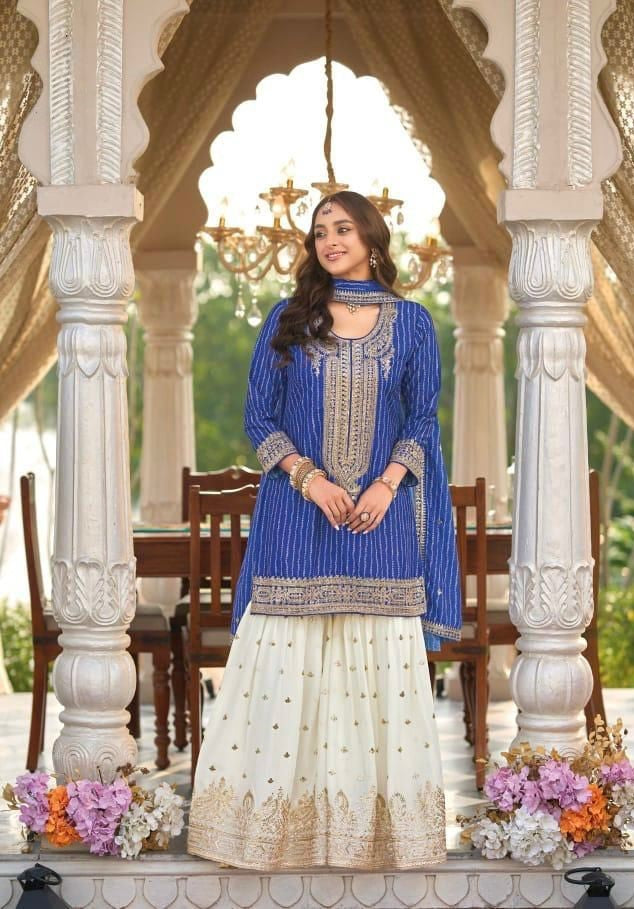 Noor Royal Blue & Ivory Embroidered Sharara Set
