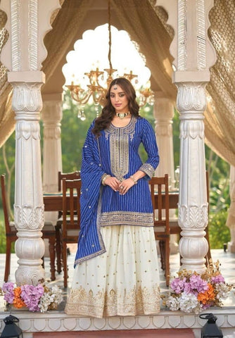 Noor Royal Blue & Ivory Embroidered Sharara Set
