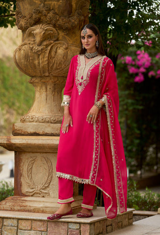 Rani Pink Color Dupatta Set